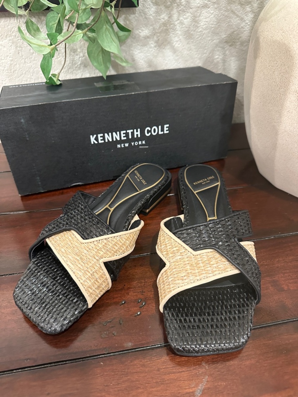 Kenneth Cole Black & Natural Woven Crossover Slide Mules
